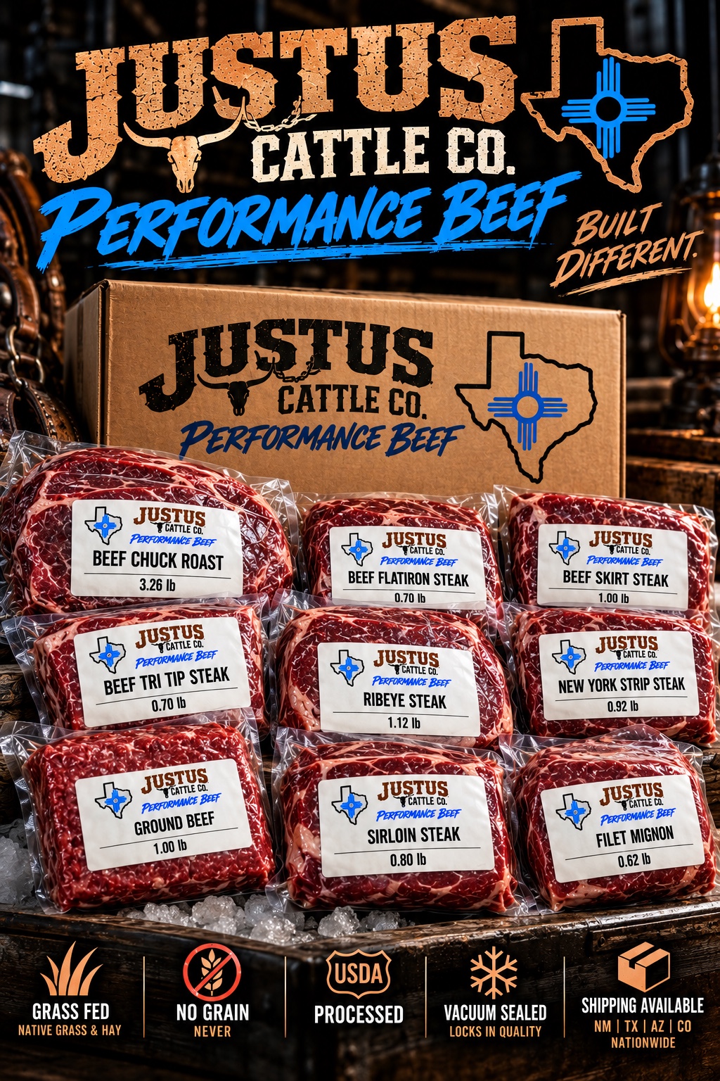 Justus Cattle Co. branded beef box and a selection of vacuum-sealed cuts