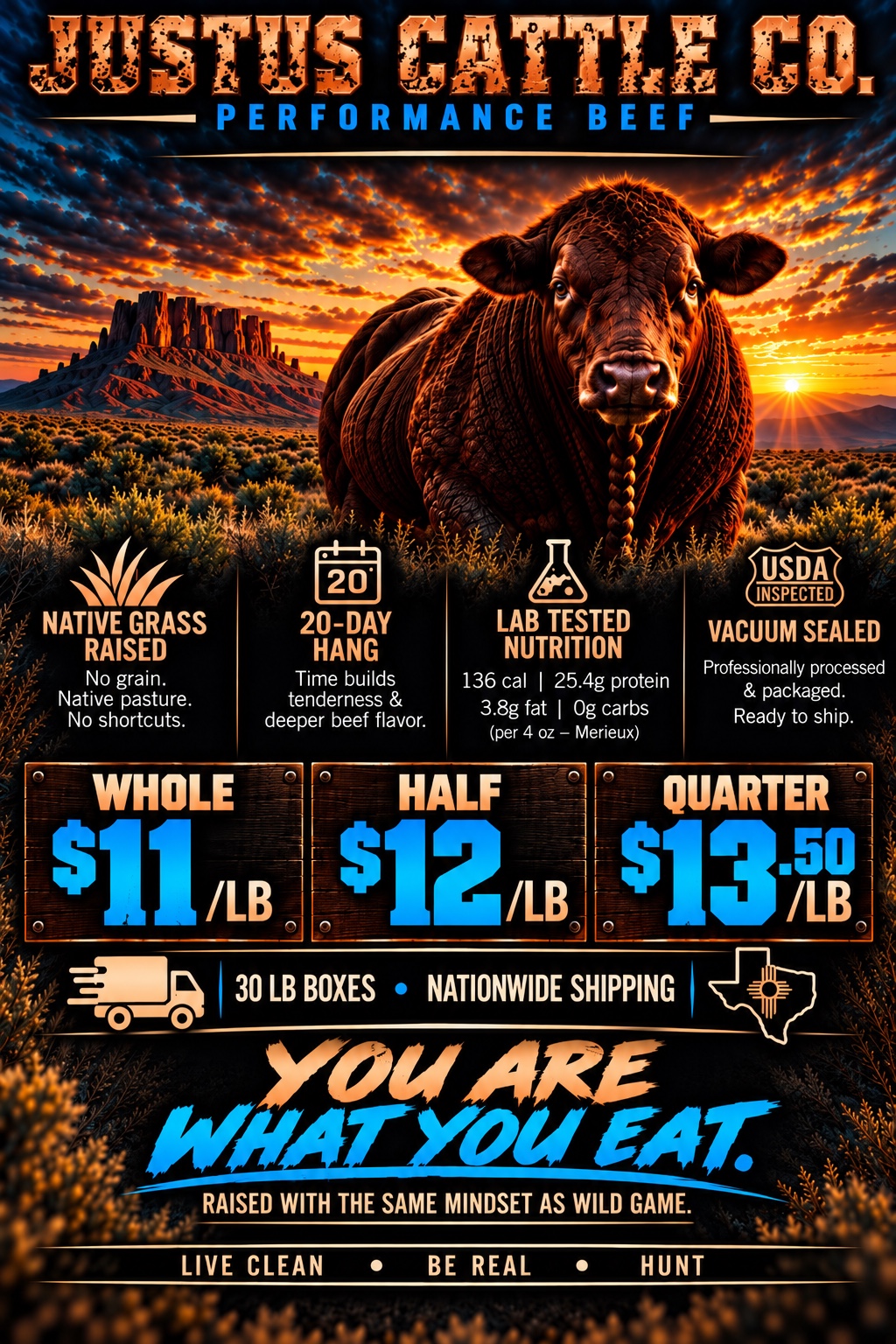 Justus Cattle Co. Performance Beef flyer: native grass raised, 20-day hang, lab-tested nutrition, vacuum sealed; whole $11 per pound, half $12 per pound, quarter $13.50 per pound; packaged in 30 lb boxes; nationwide shipping.